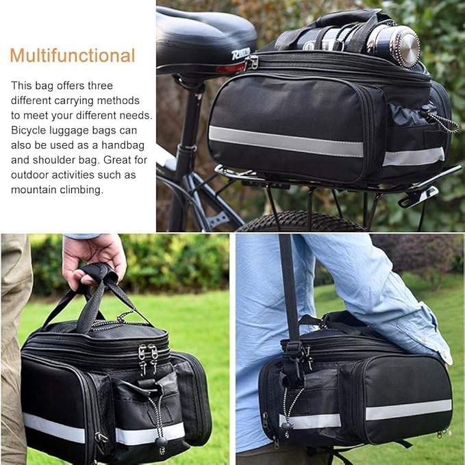 Bike Rear Rack Bag,10-25L Bicycle Trunk Bag with Rain Cover, Pannier Bike Bag with 2 Side Foldable Panniers, with Reflective Strips and Shoulder Strap, for Shopping,Cycling,Trip (Black)