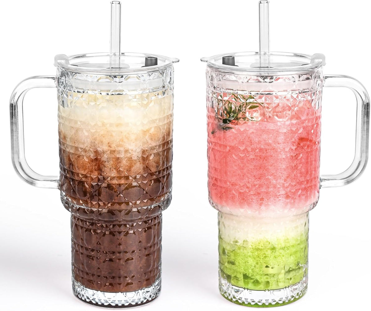 2 Pack 18oz Vintage Glass Cups With Handle, Iced Coffee Cups With Lid And Straw, Thicked Wall Glass Tumbler For Water, Juice, Beers, Drinking Jar with Lid sealed Carry On Cup