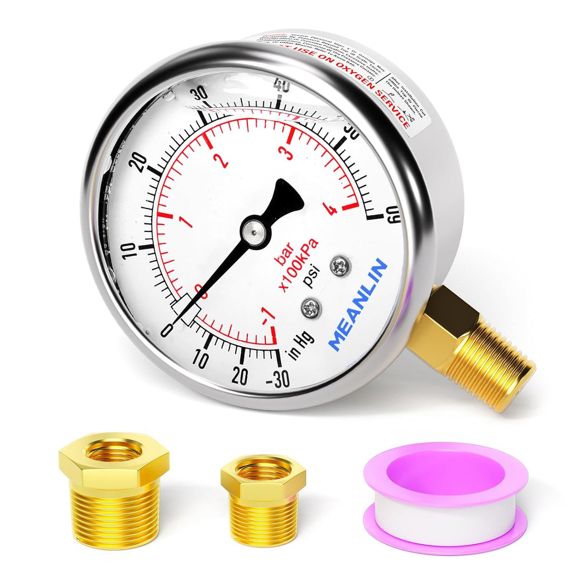 MEANLIN MEASURE -30inHG~60Psi Stainless Steel 1/4" NPT 2.5" FACE DIAL Vacuum Pressure Gauge, Lower Mount, with 1/2" NPT and 3/8" NPT Hex Bushing