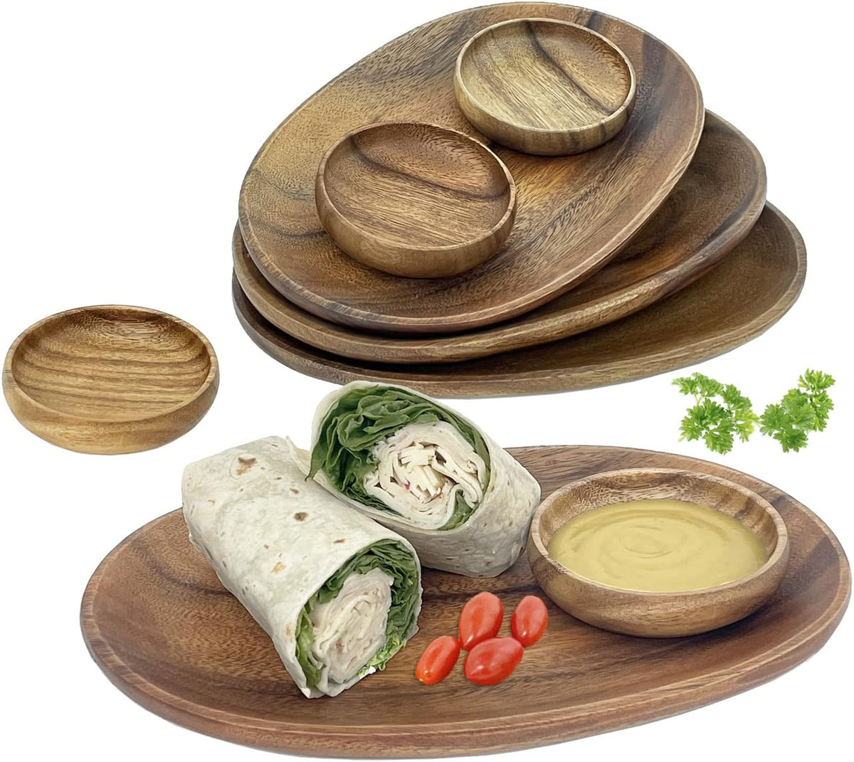 Woodard & Charles 12" Wood Oval Serving Tray with 4" Multipurpose Bowl Perfect for Serving, Sandwiches, Sushi, Chips, Tapas, Hors D'Oeuvre, Charcuterie, Cheese and More, 8 Piece Set