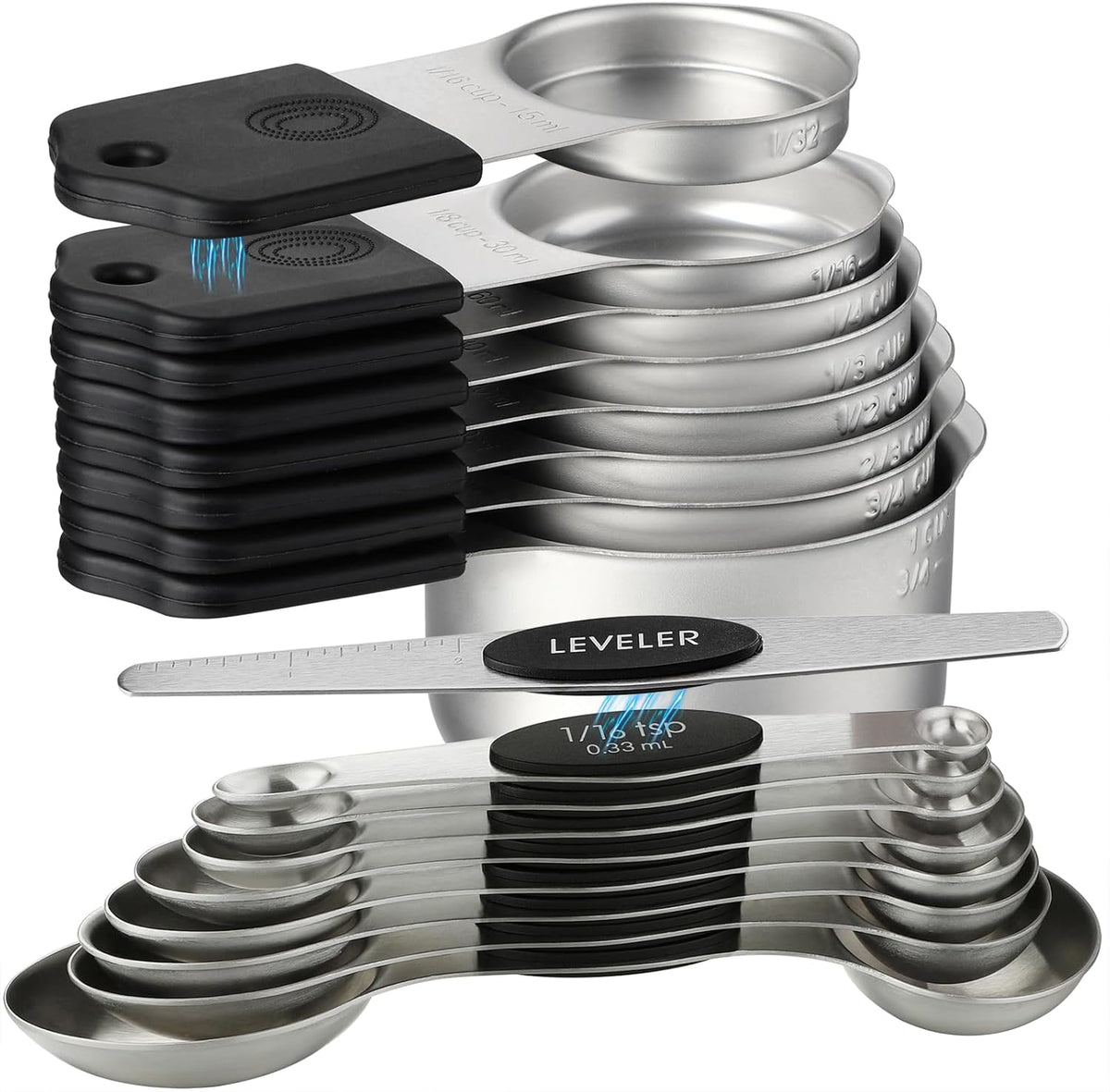 Magnetic Measuring Cups and Spoons Set of 17 Including 8 Stainless Steel Stackable Magnetic Measuring Cup 8 Magnetic Measuring Spoon with Leveler for Dry Liquid Ingredient