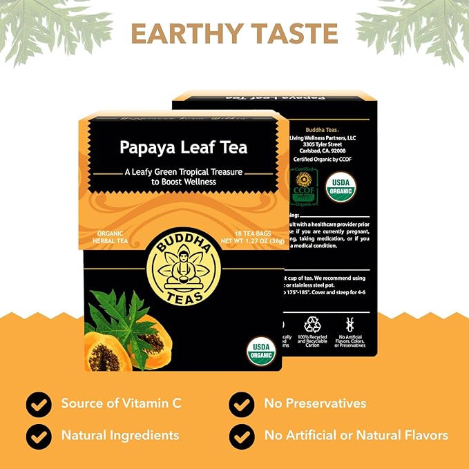 Buddha Teas Organic Papaya Leaf Tea - OU Kosher, USDA Organic, CCOF Organic, 18 Bleach-Free Tea Bags