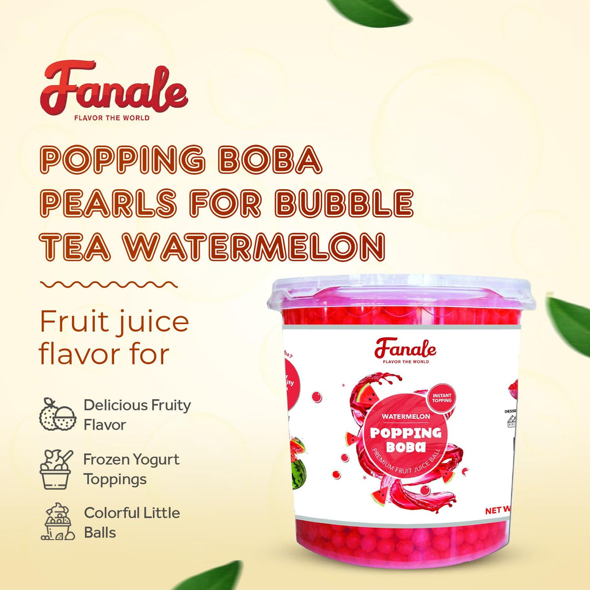 Fanale Watermelon Popping Boba Pearls, Vegan, Non GMO, Gluten Free, Fat Free, Perfect for Bubble Tea, Smoothies, Ice Cream, Desserts, and Beverages.