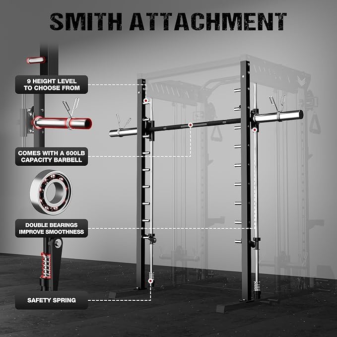 M21 Smith Machine, Multi-Function Power Cage with Dual Pulley Cable Crossover System, 2000LBS All-in-One Squat Rack with Smith Bar and Attachments
