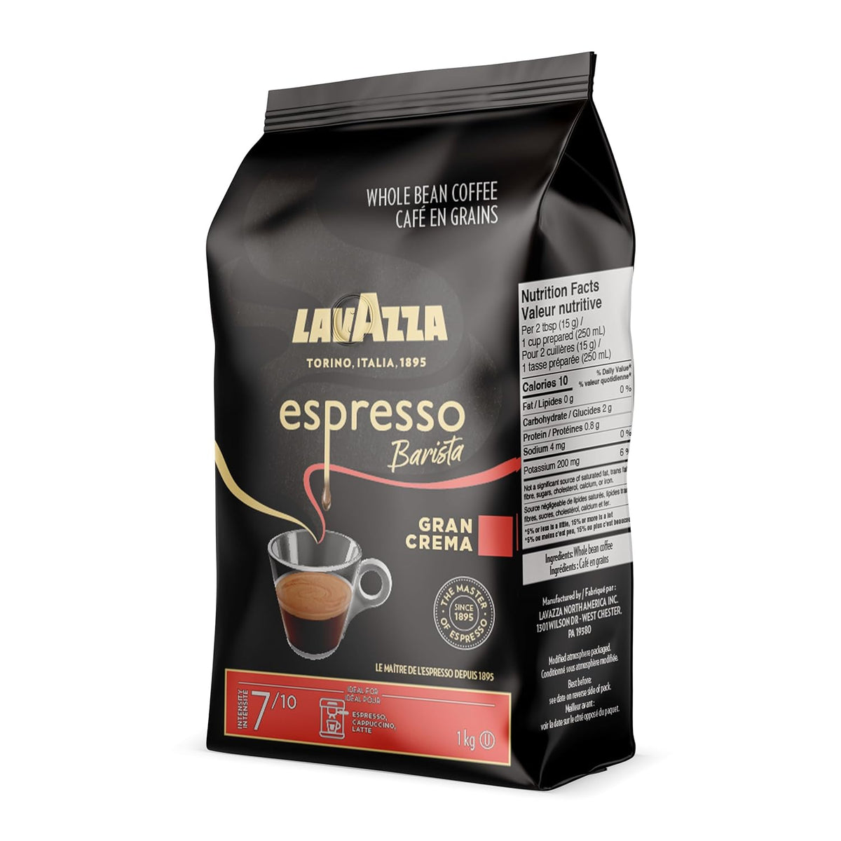 Lavazza Espresso Barista Gran Crema Whole Bean Coffee Blend, Medium Espresso Roast, 1 kg Bag - Chocolate and Spicy Aroma
