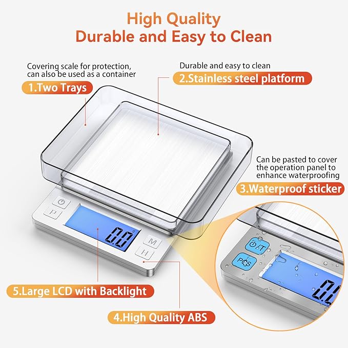BOMATA Upgraded Small Food Scale, 0.1 g/0.001 oz High Precision, 3000 g/6.6 lb, with New Hold Function and Larger Display, USB Rechargeable, Digital Kitchen Scale for Small Item, Jewelry. Sliver