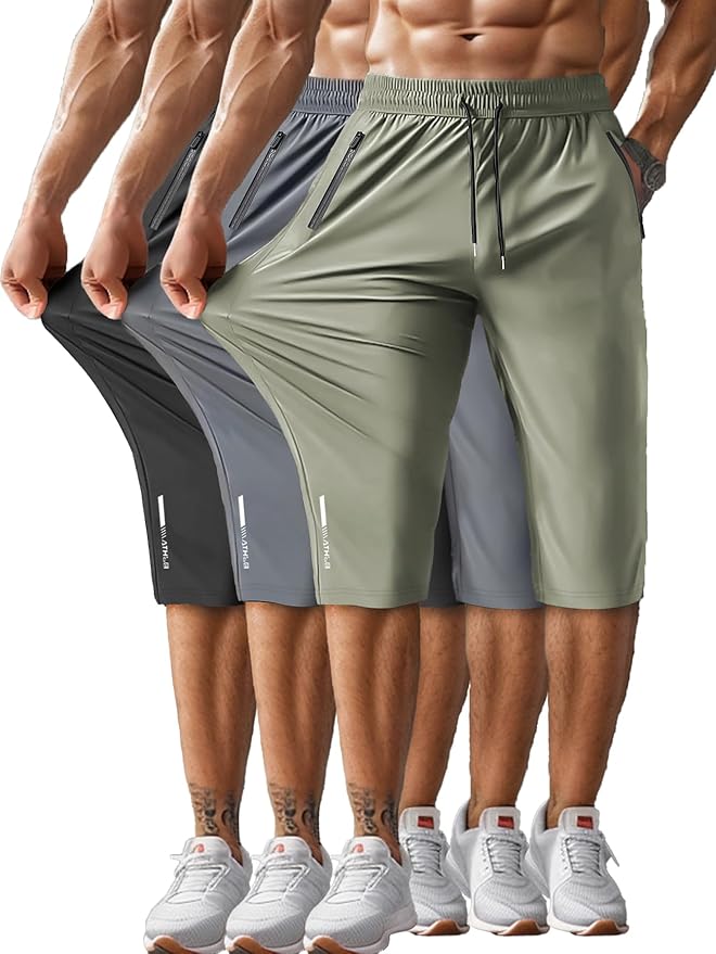 Men's Capri Pants 3/4 Joggers Gym/Workout/Hiking Below Knee Long Shorts Lightweight Quick Dry with Zipper Pockets