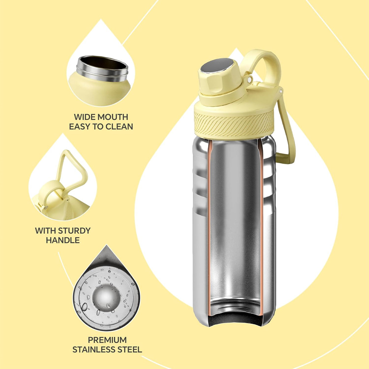 IDEUS Insulated Stainless Steel Water Bottle with 2 Leak-Proof Lids, Thermal Water Flask for Hiking Biking, 18oz, Light Yellow