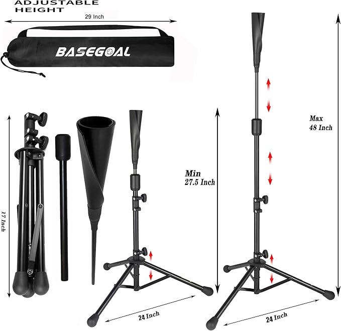 Batting Tee Baseball Tee,Softball Travel Portable Tee Tripod Stand Rubber Tee for Batting Training Practice with Carrying Bag