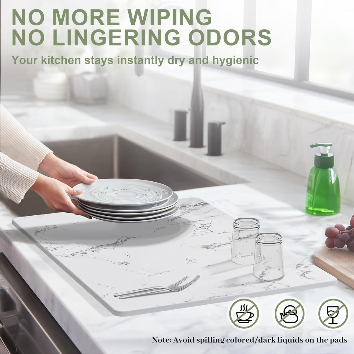 Large Stone Drying Mat for Kitchen Counter, 24" × 16" Diatomite Dish Drying Mat, Quick Dry Stone Mats, Ultra Absorbent Natural Diatomaceous Earth Mats for Dished, Bottles, White Marble