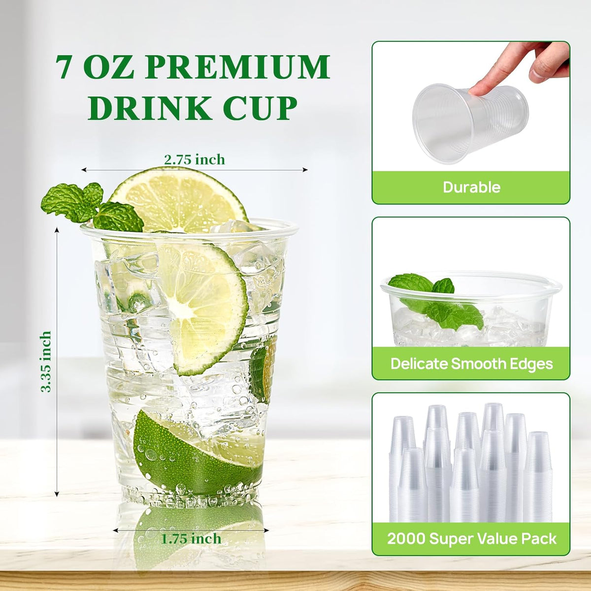 Vplus 2000 Pack 7 OZ Drinking Clear Plastic Cups, 7 Ounce Disposable Cold Water Party Dessert Bulk Cups for Business Wedding Party