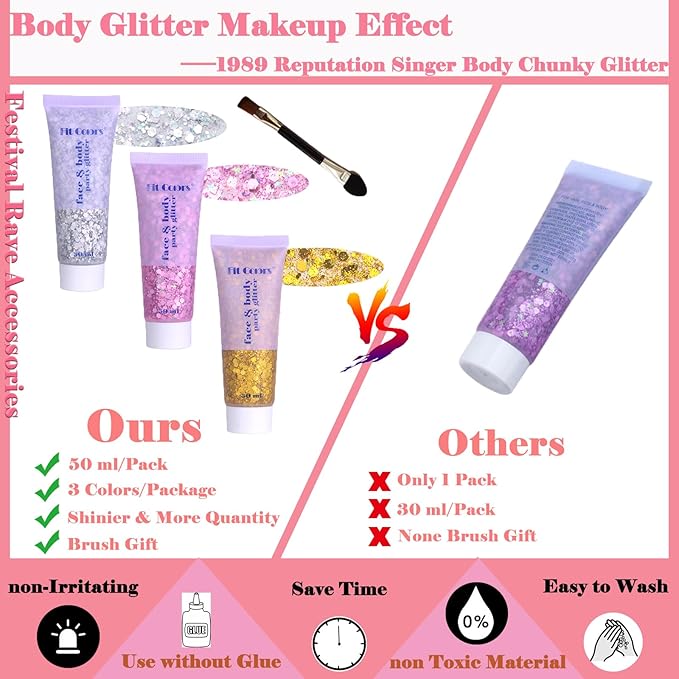 Body Glitter Face Glitter Gel: Singer Concerts Disco Festival Rave Accessories Face Glitter Makeup 150ml Chunky Sequins Mermaid Face Body Hair Glitter Gel (Silver&Pink&Gold)