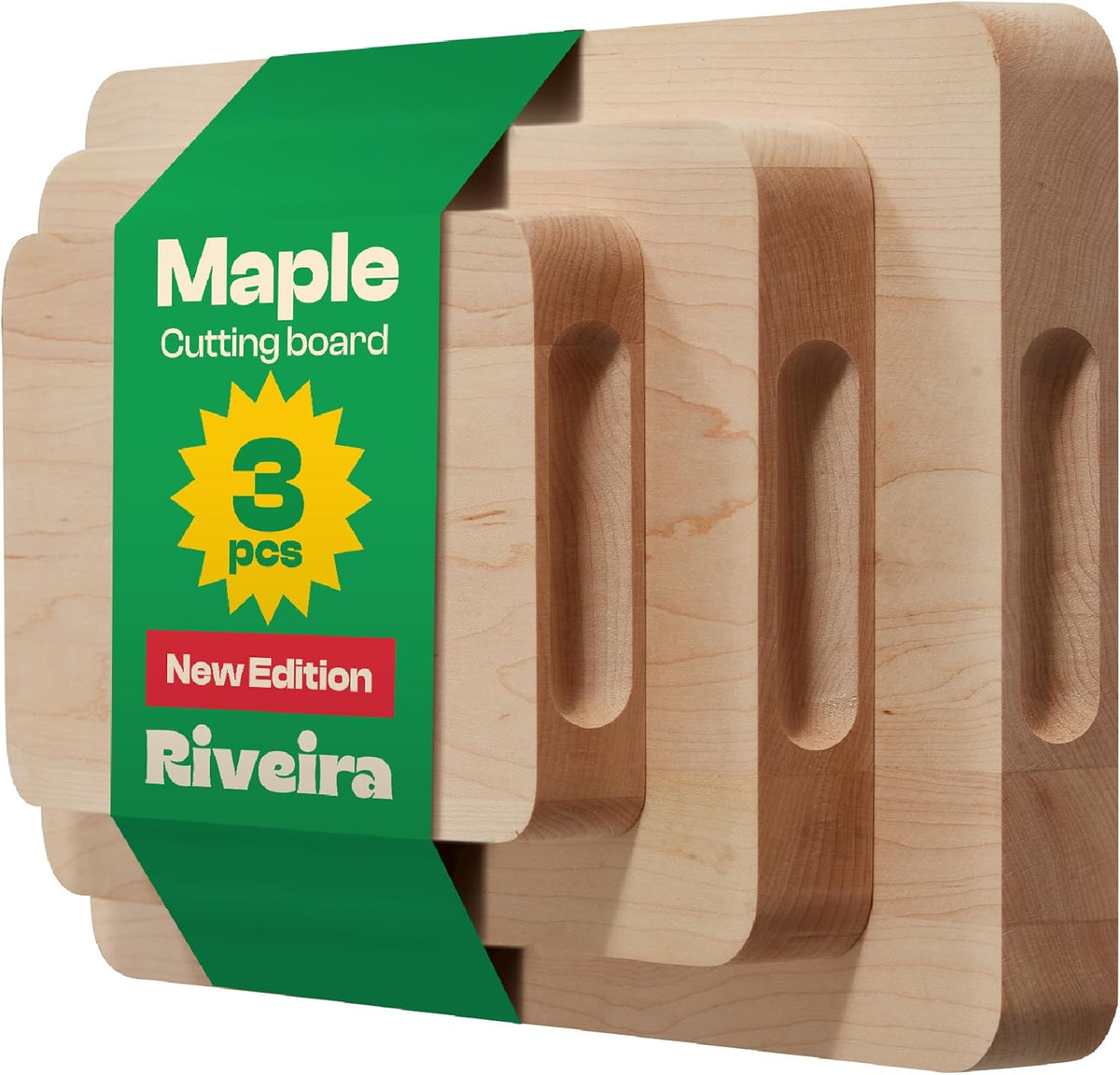 Riveira Maple Wood Cutting Board – Versatile and Durable: Set Of 3 Pcs Rectangular Wooden Cutting Board – Natural Wooden Cutting Boards For Kitchen – Complete Maple Wooden Chopping Board