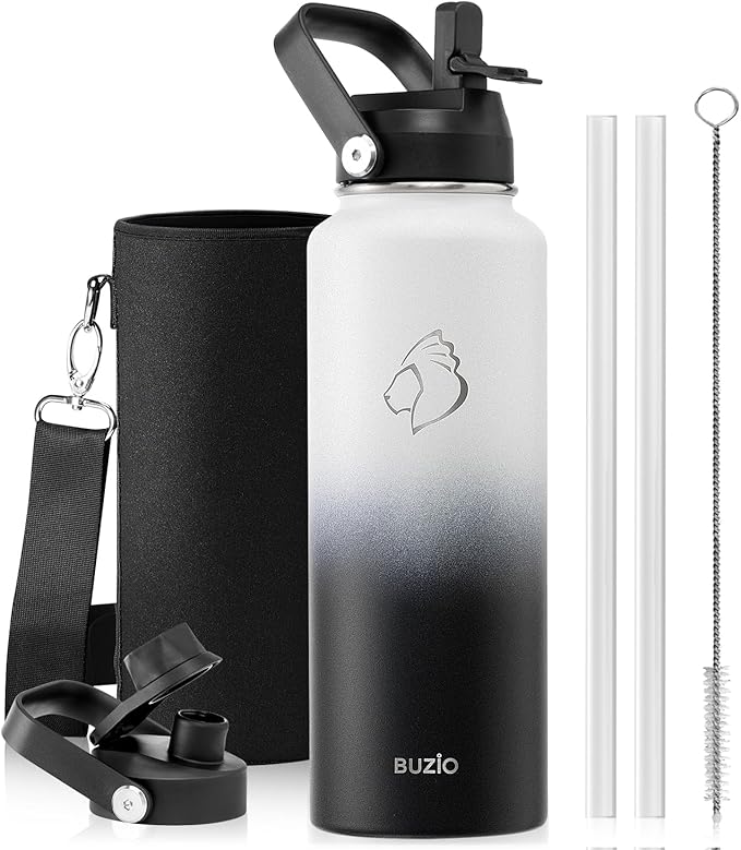 BUZIO Insulated Water Bottle with Straw Lid and Flex Cap, 40oz Modern Double Vacuum Stainless Steel Water Flask, Cold for 48 Hrs Hot for 24 Hrs Simple Thermo Canteen Mug, White and Black
