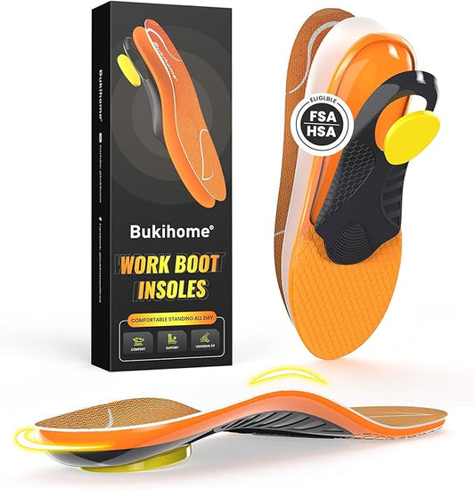 Bukihome Work Boot Insoles for Construction & Standing All Day - Heavy Duty Orthotic Shoe Inserts with Shock Absorption, Arch Support & Fatigue Reduction Durable Support Fits Work Boots -2XL