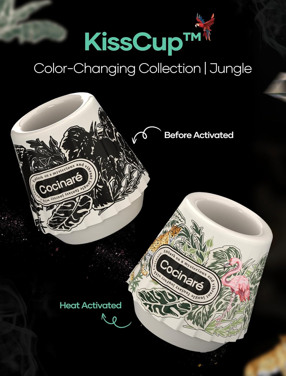 Cocinare KissCup Ceramic Espresso Cup – 2.2oz Demitasse Cup for Espresso, Pour-over coffee & Tea, Jungle, Color-Changing Collection