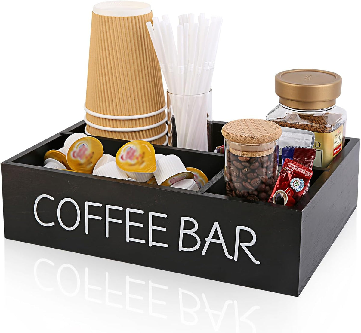 Coffee Bar Organizer – Wooden Coffee Station with 4 Compartments, Removable Dividers, and Condiment Storage for Home & Office