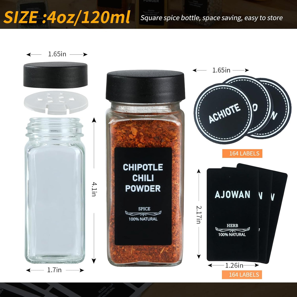 24Pcs Spice Jars Containers with Labels，4oz Black Seasoning Bottles with Shaker Lids for Rack, Cabinet, Drawer,Empty Square Condiment Pots (24, Black)