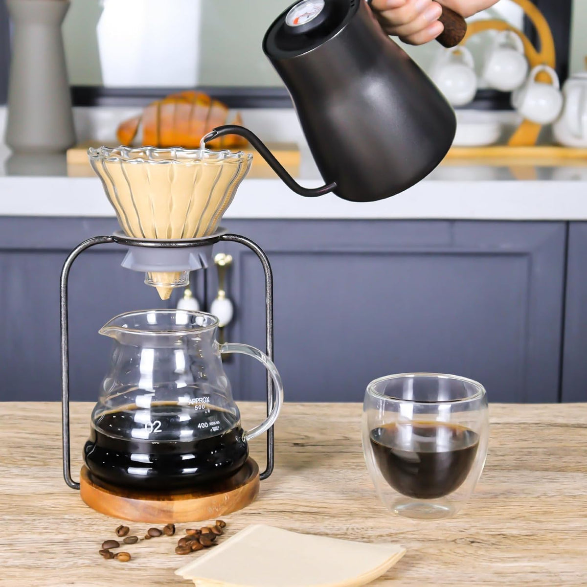 SOTECH Pour Over Coffee Dripper Set, Filter Holder Glass Server with Paper Coffee Filters Manual Stand for Tea and Saffron