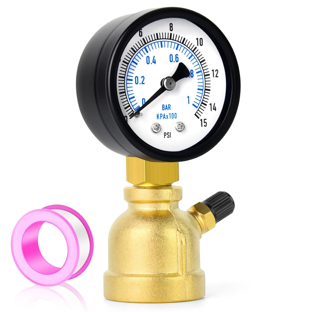 MEANLIN MEASURE 0-15Psi Forged Brass Air Test Pressure gauges, 3/4" FNPT Connection, 2" Double Graduated, Bell Shape Body Assembly, -3-2-3% Accuracy