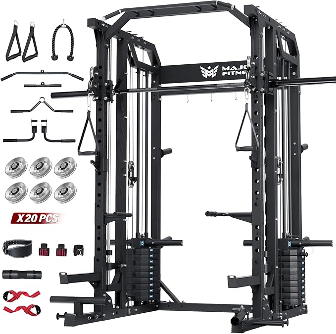 Major Fitness Drone2 Advanced Training Smith Machines– All-in-One Home Gym Squat Rack with Aluminum Pulley Set , Weight Bar, Dual LAT Pull-Down Systems & Cable Crossover Machine for Full-Body Workouts