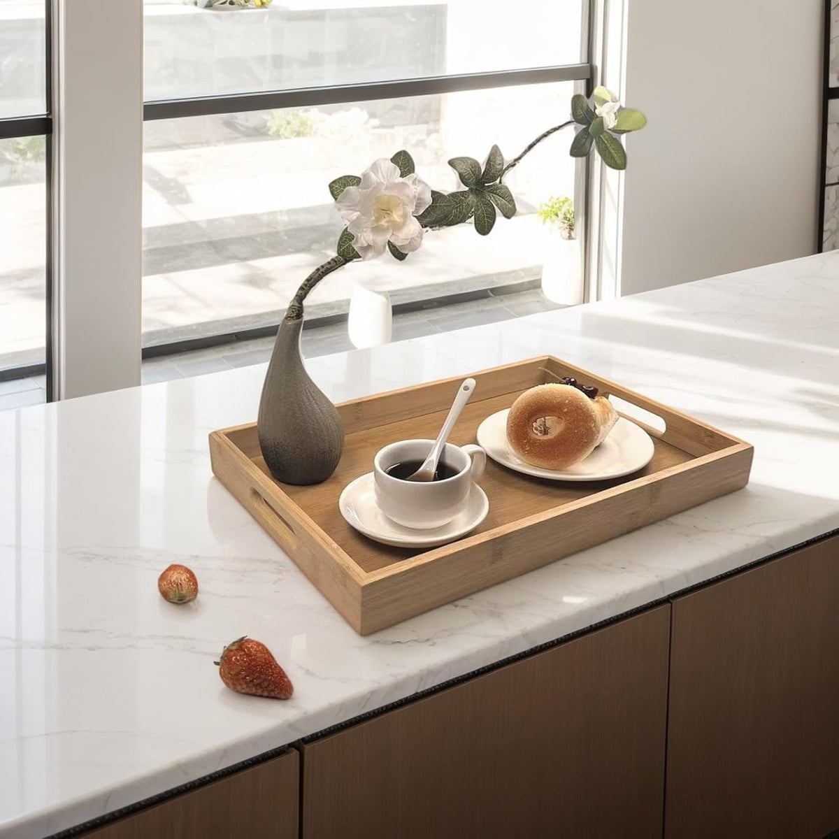 14.9''x10.2''x1.57'' Bamboo Wooden Tray with Handles, Rectangular Natural Solid Wood Dinner Tray, Bamboo Wood Original Color. Suitable for Kitchen,Bedroom, Coffee, Party bar.