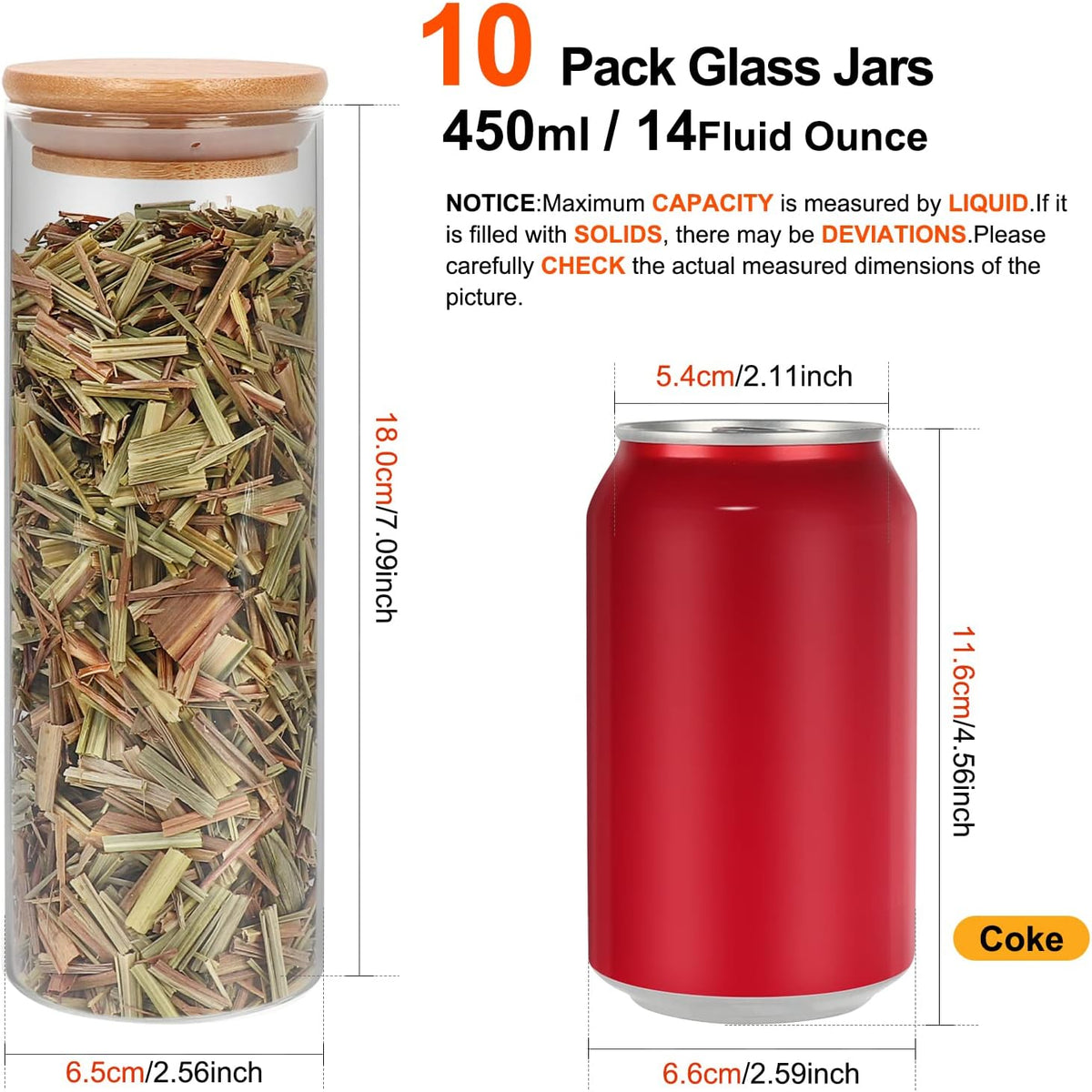 Glass Food Storage Containers Jars with Airtight Bamboo Lid 14 oz 10 pcs, 450 ml Pantry Organization Jar, Glass Terrarium with Lid, Spice, Flour and Sugar Container, Canister Set for Kitchen Counter