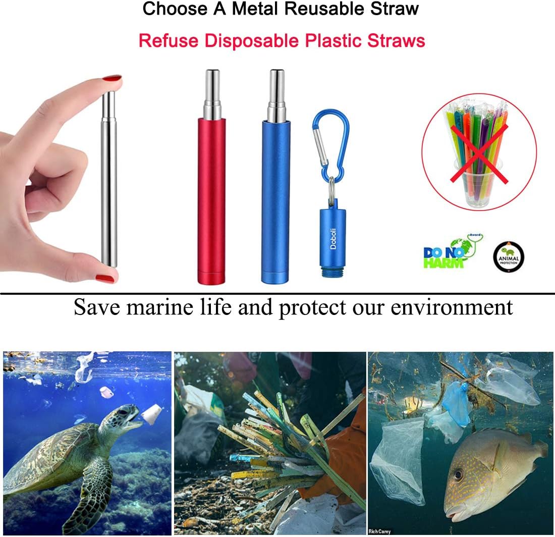 2 Pack Reusable Metal Straws Collapsible Stainless Steel Drinking Straw Travel Portable Telescopic Straw with Case,2 Cleaning Brushes Included Red/Blue