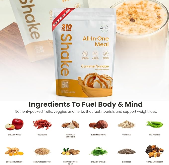 310 Nutrition All-In-One Meal Replacement Shake Powder - Plant-Based Protein Smoothie Blend w/High Fiber, Probiotics & Adaptogens - Low Carb, Vegan, Keto & Paleo Friendly - Caramel Sundae - 28 Srv