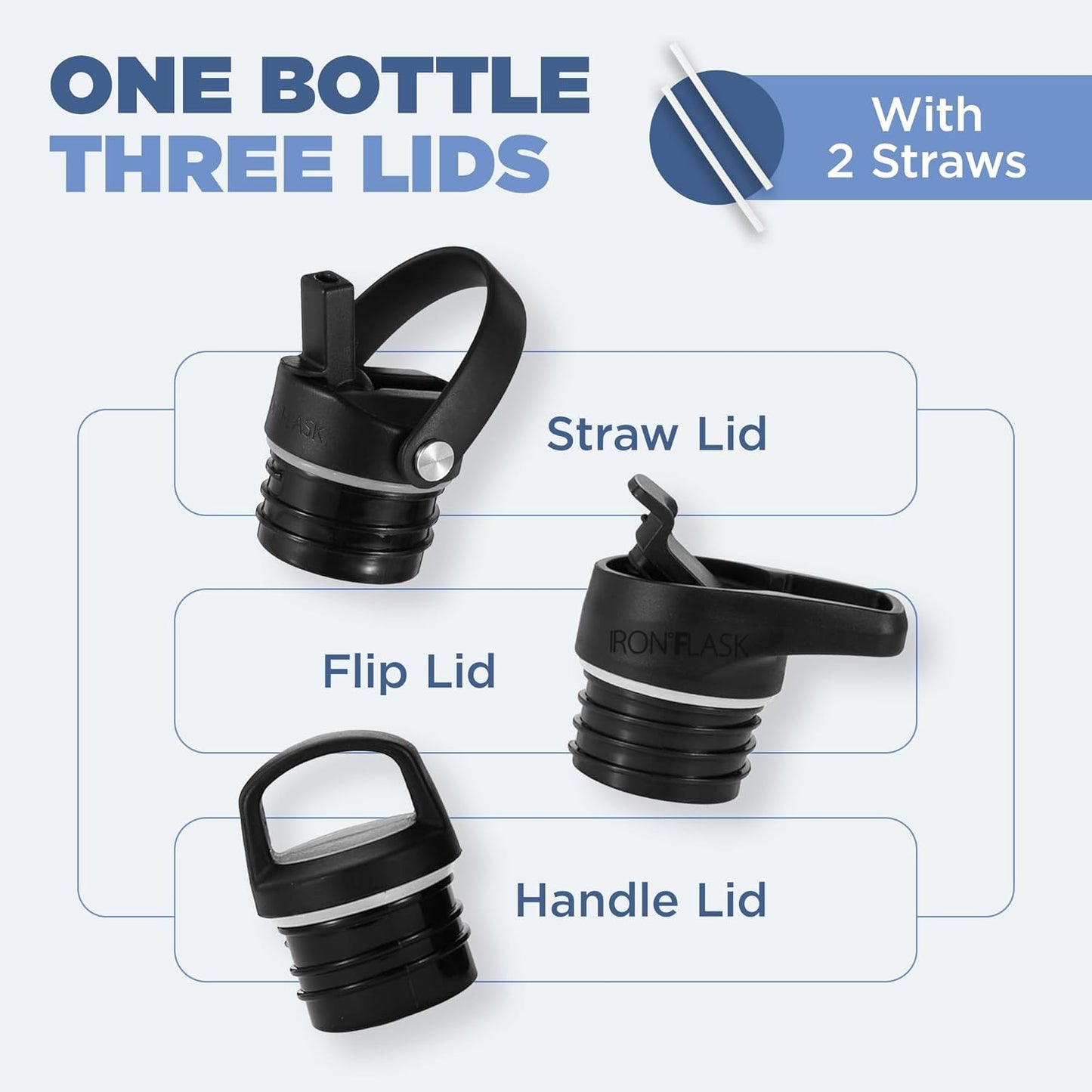 IRON °FLASK Camping & Hiking Hydration Canteens - 3 Lids (Narrow Straw Lid) Leak Proof Vacuum Insulated Stainless Steel - Hot & Cold Double Walled Sports Water Bottle - Morning Mist, 32 Oz