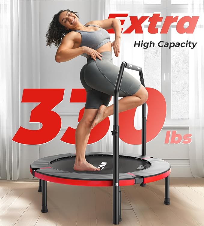 BCAN 40"/48" Foldable Mini Trampoline, Rebounder Trampoline for Adults, U/T Shape Adjustable Foam Handle, Exercise Rebounder for Adults Indoor/Garden Workout, Max Load 330lbs/440lbs
