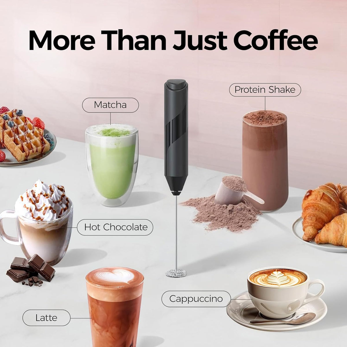 YARRAMATE Electric Milk Frother Wand, Fast Battery Operated Coffee Mixer, Handheld Drink Stirrer, Whisk Foam Maker for Lattes, Cappuccino, Matcha, Hot Chocolate (Black)