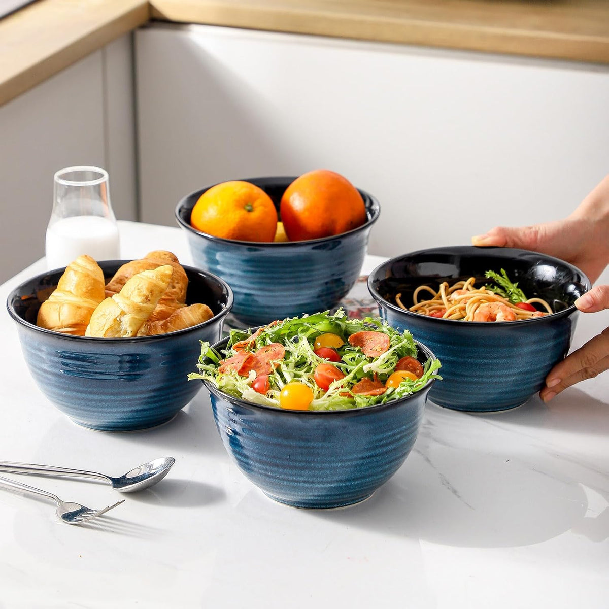 MEKY Soup Bowls Set of 4,40 OZ Large Ceramic Bowls - 7 Inch Deep Bowls for Ramen, Pho, Salad, Pasta, Cereal, Dishwasher & Microwave Safe Stackable Serving Bowls(Blue)