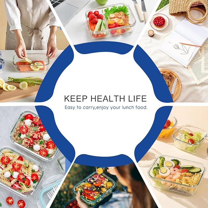 42pcs Glass Food Storage Containers with Lids Set, 21 Containers & 21 Lids Include One 2 Compartments Glass Meal Prep Containers with Snap Locking Lid Set, Leak Proof Lunch Container BPA-Free,Grey