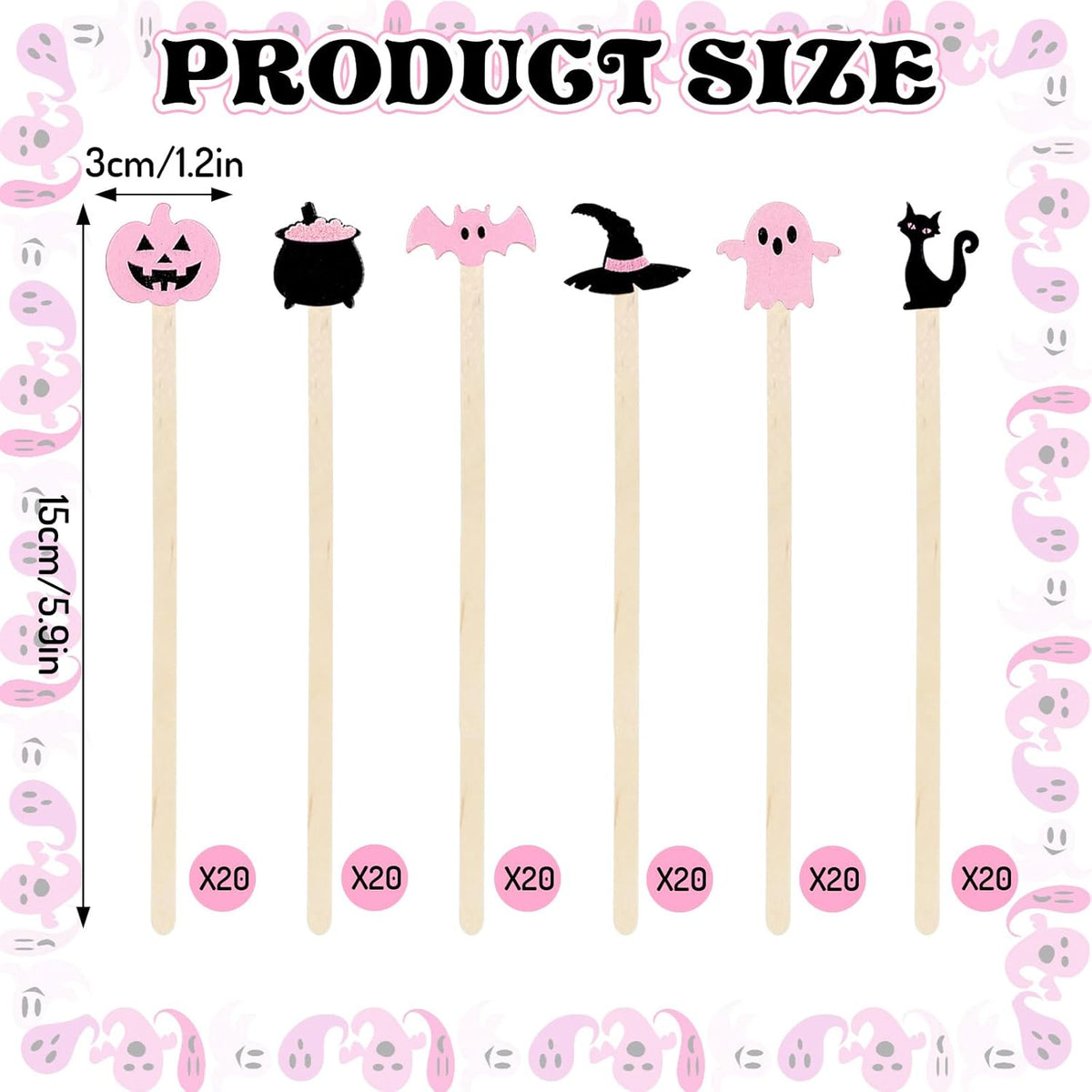 120Pcs Halloween Coffee Stirrers Disposable Pink Black Ghost Bat Cat Pumpkin Stir Sticks Wooden Drink Stirrer for Hot Chocolate Milkshake Restaurant Home Office
