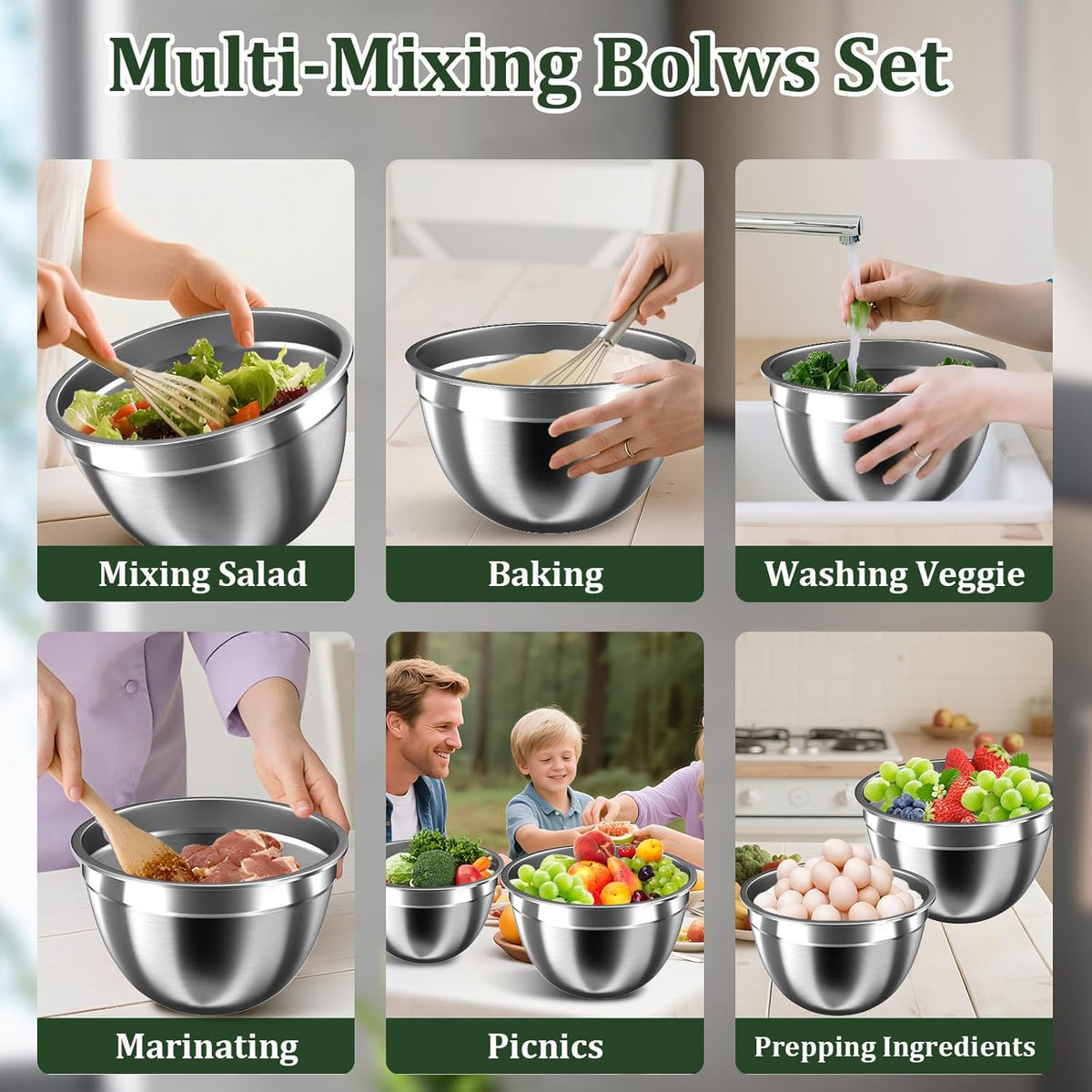 Mixing Bowls with Lids Set, 16PCS Stainless Steel Mixing Bowls,Nesting Storage Bowls for Kitchen with Mixing Bowl, Colander, Strainer & Grater, Metal Salad Bowl for Kitchen Gadgets, Black
