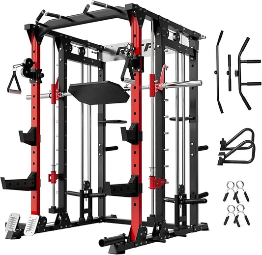 RitFit Buffalo Smith Machine, Power cage with LAT-Pull Down System & Cable Crossover System, All-in-One Squat Rack for Home Gym, Power Rack