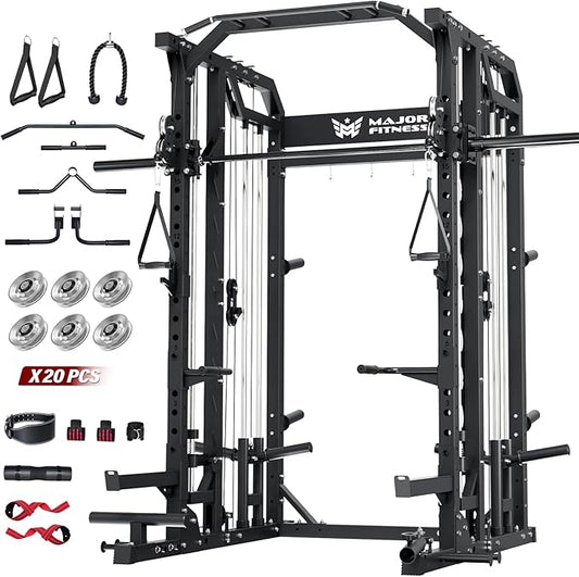 Major Fitness Drone2 Advanced Training Smith Machines– All-in-One Home Gym Squat Rack with Aluminum Pulley Set , Weight Bar, Dual LAT Pull-Down Systems & Cable Crossover Machine for Full-Body Workouts
