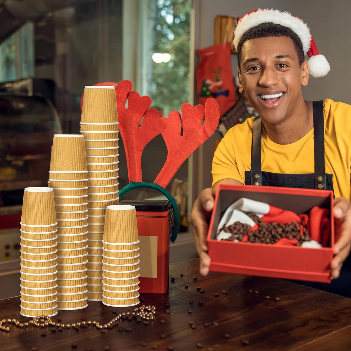 Yaomiao 200 Pcs 4 oz Disposable Espresso Coffee Cups Ripple Corrugated Paper Insulated Hot Cups for Party Cold Drinks Hot Beverage Tea(Kraft Paper Color)