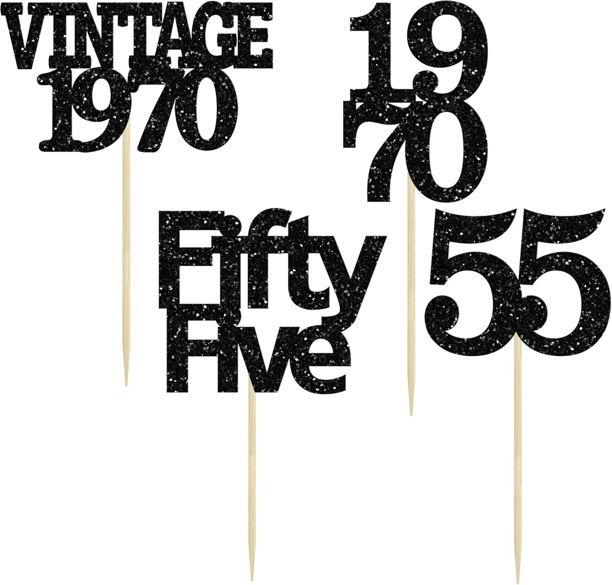 Gyufise 24Pcs Vintage 1970 Cupcake Toppers Glitter Cheers to 55 Fabulous Fifty Five Cupcake Picks 55th Birthday Wedding Anniversary Party Cake Decorations Supplies Black