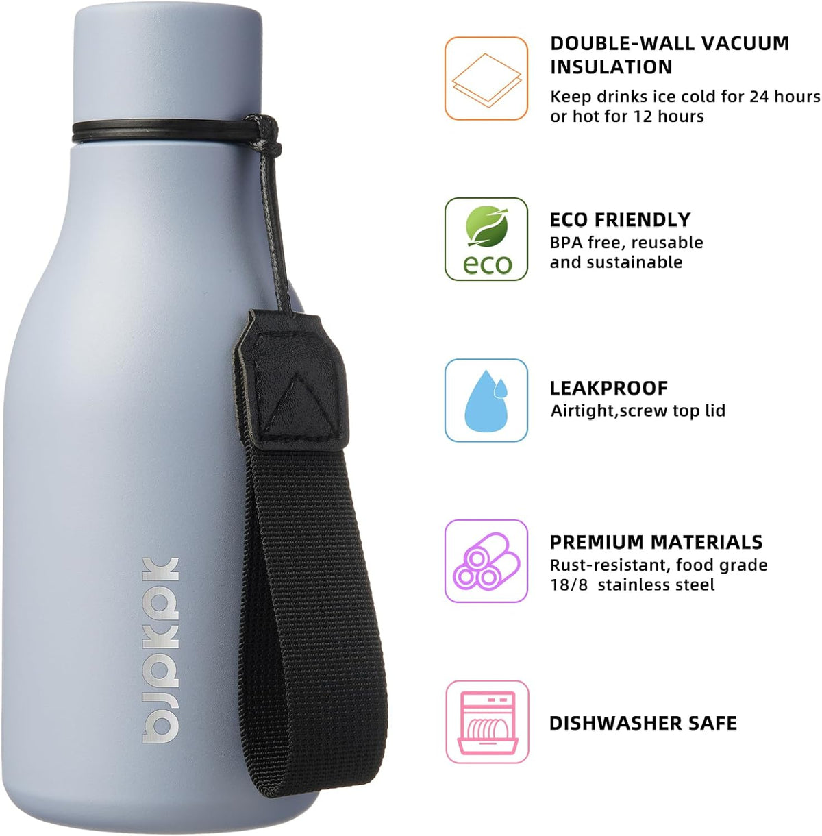 BJPKPK Insulated Water Bottles, 12oz Stainless Steel Metal Water Bottle with Strap, BPA Free Leak Proof Thermos, Mugs, Flasks, Reusable Water Bottle for Sports & Travel, Mist Grey