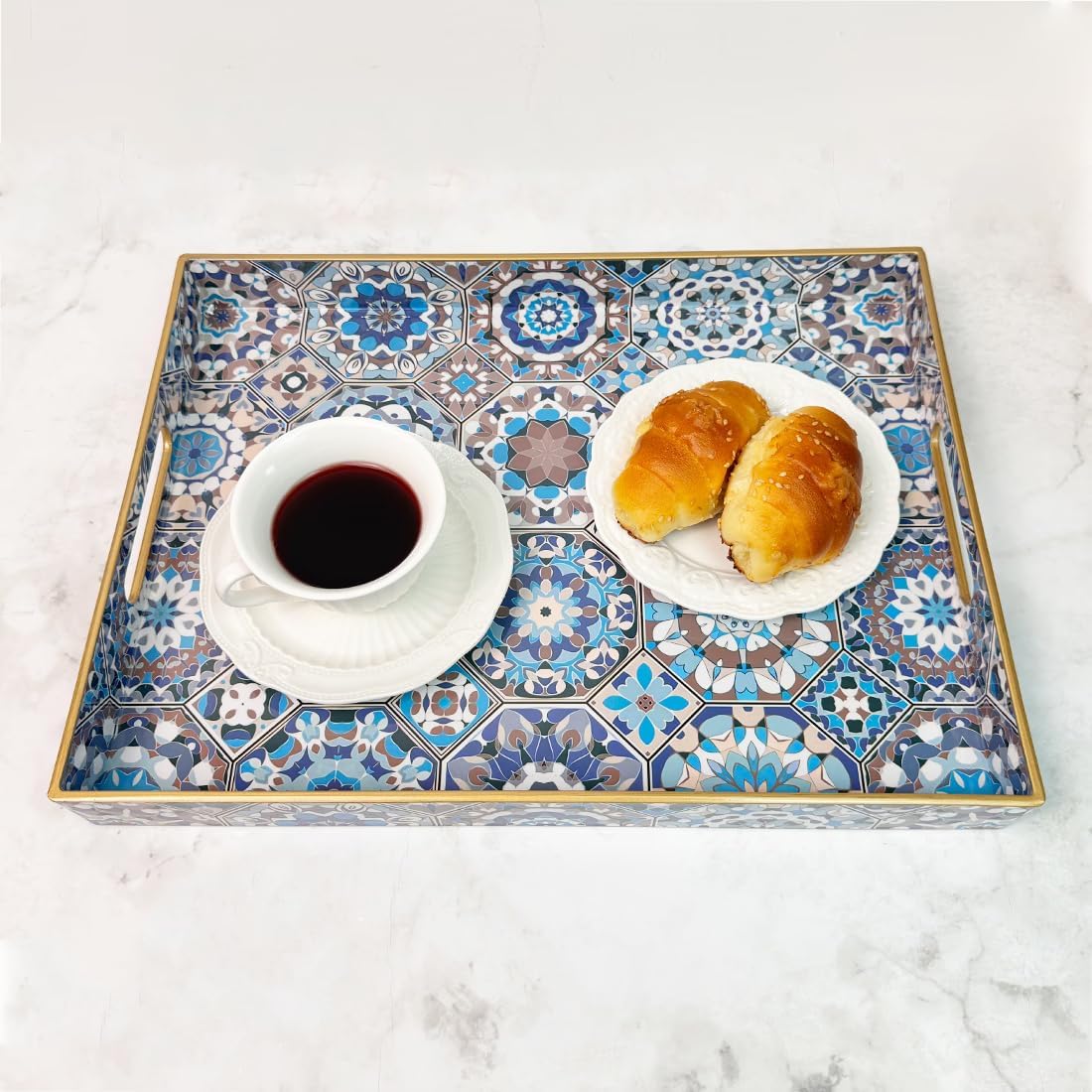 Boho Coffee Table Tray, Decorative Serving Tray with Handles, Large Tray for Ottoman,Coffee Table，Living Room Modern, Blue，
