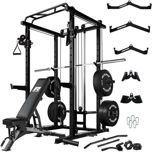 RitFit Multi-Function Squat Rack Power Cage PPC03 with Cable Crossover System, 1000LBS Capacity Power Rack and Packages with Optional Weight Bench, Barbell Weight Set, for Garage Workout & Home Gym