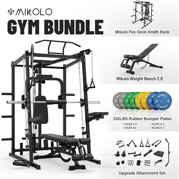 Mikolo All-in-One Smith Machine Home Gym with 230lbs Weight Plates, Power Cage with Cable Crossover, LAT Pulldown, Squat Rack & Adjustable Weight Bench