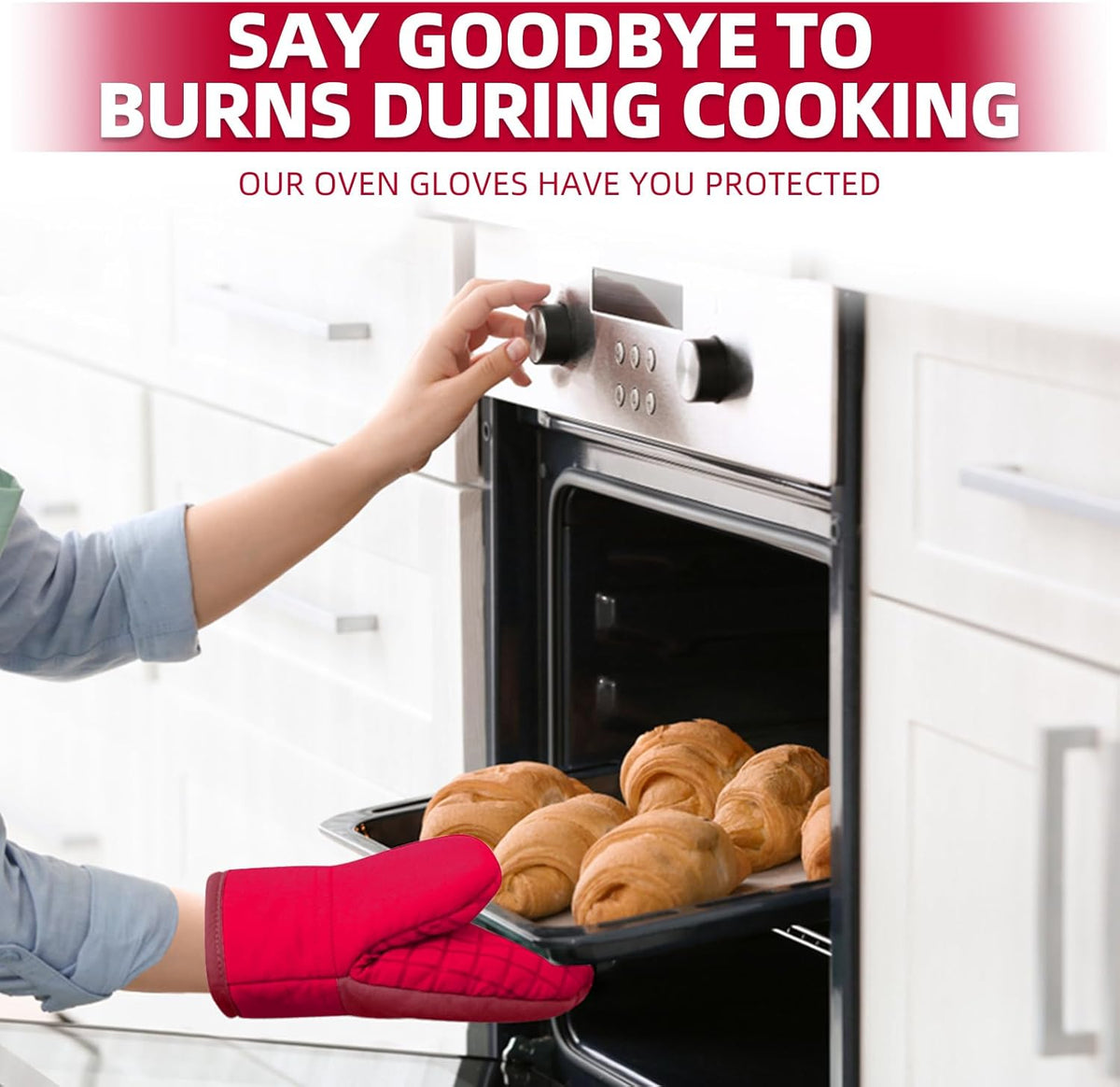 Mini Oven Mitts, Kitchen Oven Gloves Kitchen Mittens 500 Degrees Heat Resistant Baking Gloves, Non-Slip Silicone Surface with Hanging Loops Hot Gloves for Cooking, Baking, BBQ 1 Pair-Red