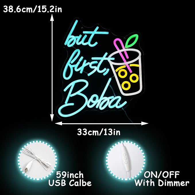 But First Boba Neon Sign Bubble Tea with Cup Neon Sign for Wall Decor Milk Tea Neon Lights Dimmable LED Neon Light Signs for Restaurant Coffee Dessert Shop Party(15.2 * 13in)
