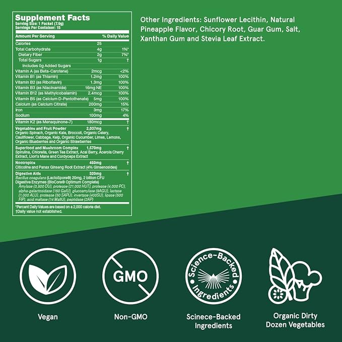 Bulletproof Greens Packets, 15 Count, Daily Greens Powder with Superfoods and Nootropics, Full Serving of Vegetables, Essential Nutrients