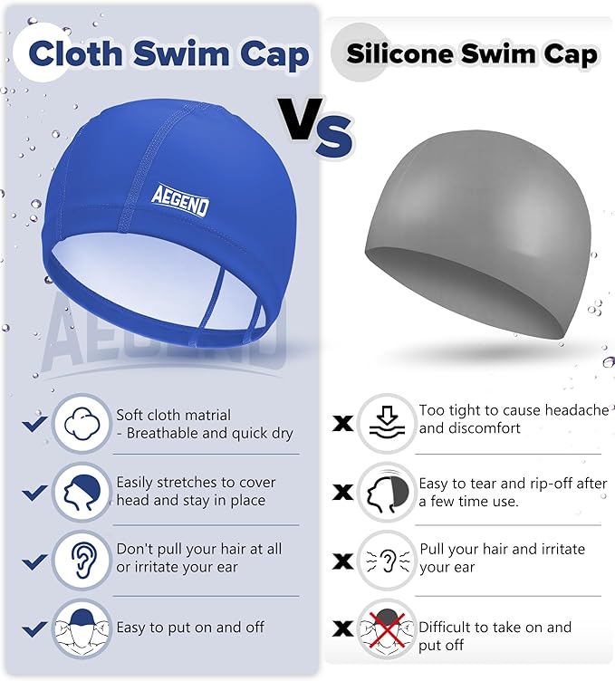 Aegend Fabric Swim Cap, Silicone Waterproof Layer - Breathable Cloth Swimming Cap, Keep Hair Dry with Hight Elasticity for Youth(8-16) Adult, 2 Sizes to Choose