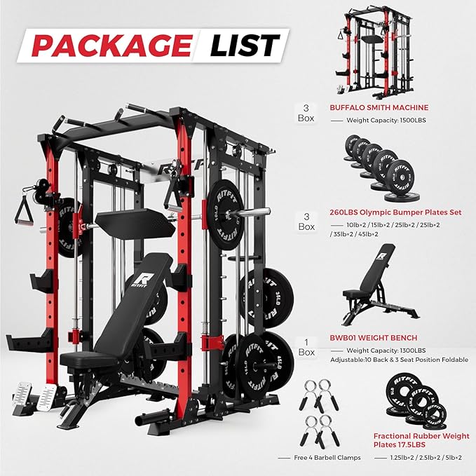 RitFit Smith Machine Power Cage with LAT Pulldown & Cable Crossover, All-in-One Power Rack Home Gym System with Leg Press Attachment & Accessories
