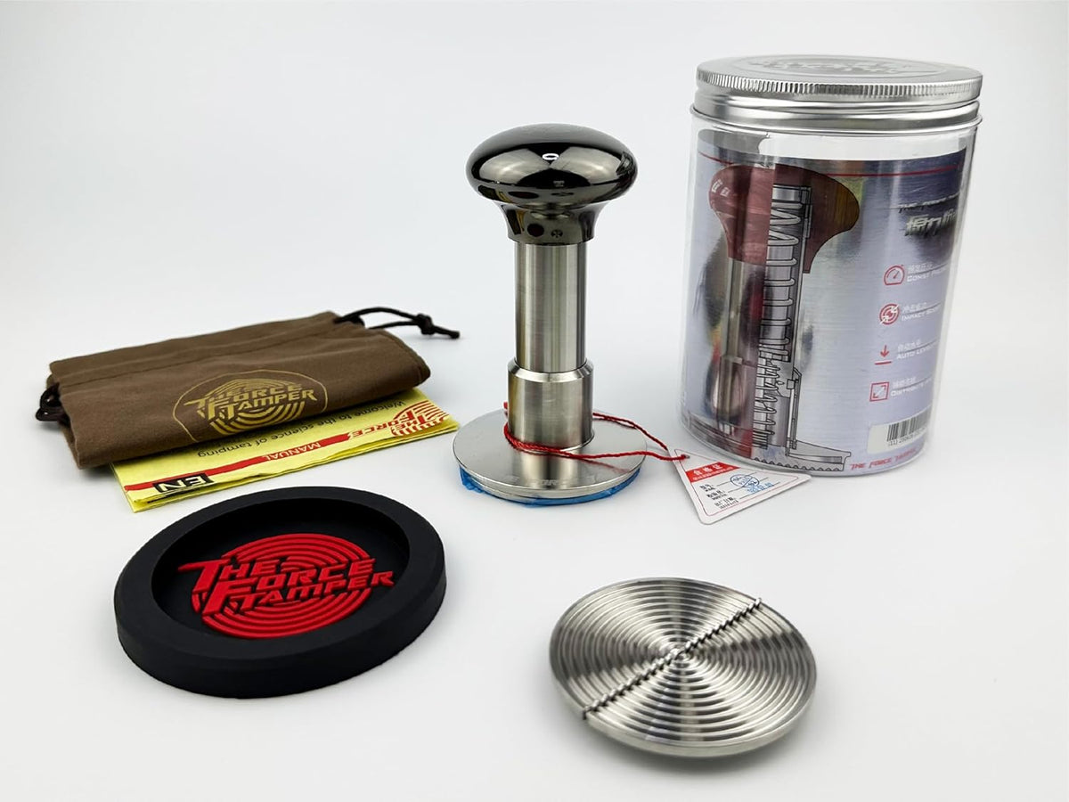 The Force Tamper Automatic Impact Adjustable Constant Pressure and Autoleveling Coffee Tamper Black Mirror Jellyfish AL Handle Set Pro (Ripple-Distribute, 58.35mm)